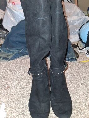 Kelly & Katie Black Suede Studded Knee-High Heeled Boots